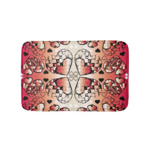 Red and white Whimsical Romantic Hearts pattern Bath Mat
