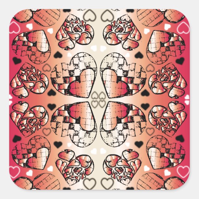 Red and white Whimsical Romantic Hearts pattern Square Sticker (Front)