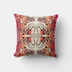 Red and white Whimsical Romantic Hearts pattern Throw Pillow
