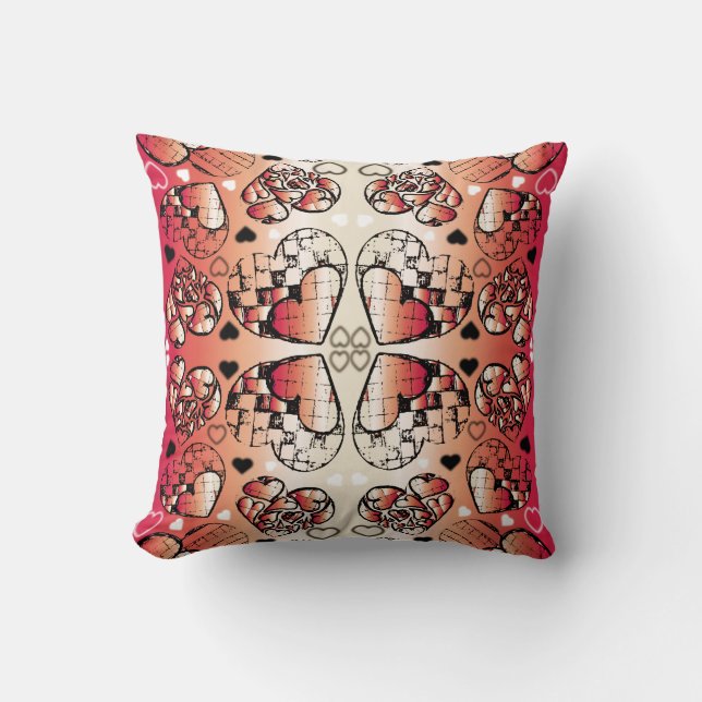 Red and white Whimsical Romantic Hearts pattern Throw Pillow (Front)