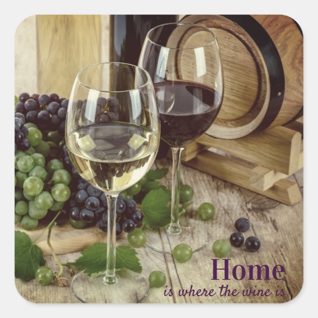 Red and White Wine Glasses Grapes Barrel Square Sticker (Front)