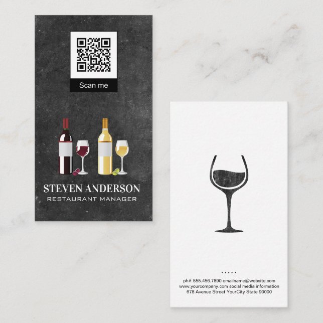 Red and White Wine | Restaurant | qr code Business Card (Front/Back)