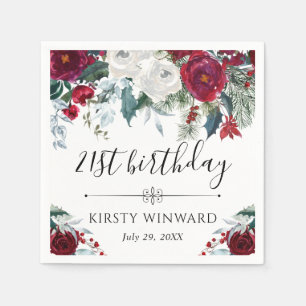 Red and White Winter Flowers Birthday Napkin