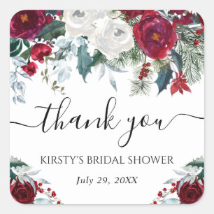 Red and White Winter Flowers Bridal Shower Square Sticker