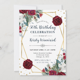 Red and White Winter Flowers Frame 50th Birthday Invitation