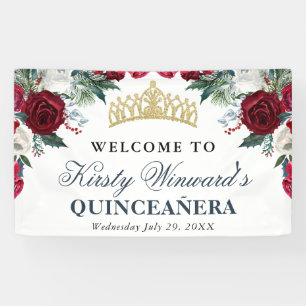 Red and White Winter Flowers Quinceanera Banner