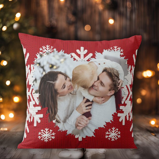 Red And White Winter Heart Photo Double Sided Throw Pillow (Red And White Winter Heart Personalized Photo Double Sided Throw Pillow)