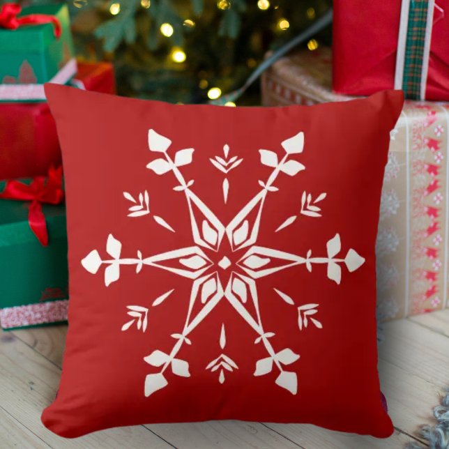 Red and White Winter Snowflake Throw Pillow (Creator Uploaded)