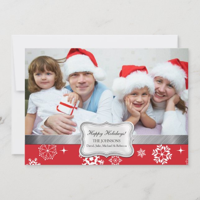 Red and White Winter Snowflakes Photo Holiday Card (Front)