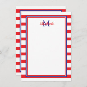 Red and White With Navy Blue Stripes Monogram Card