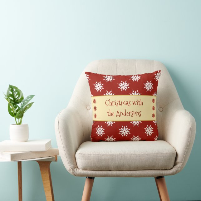 Red and white with snowflakes and name Christmas Throw Pillow (Chair)