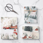 Red and White Woodland Snowman and Truck Christmas Wrapping Paper Sheet<br><div class="desc">Enhance your gift wrapping with a touch of vintage charm using this set featuring winter scenes of red trucks, snowman, cozy red villages, white snow, and woodland pine backgrounds. Create a cozy rustic theme under the tree with these coordinating designs. Perfect for adding a nostalgic winter feel to your holiday...</div>