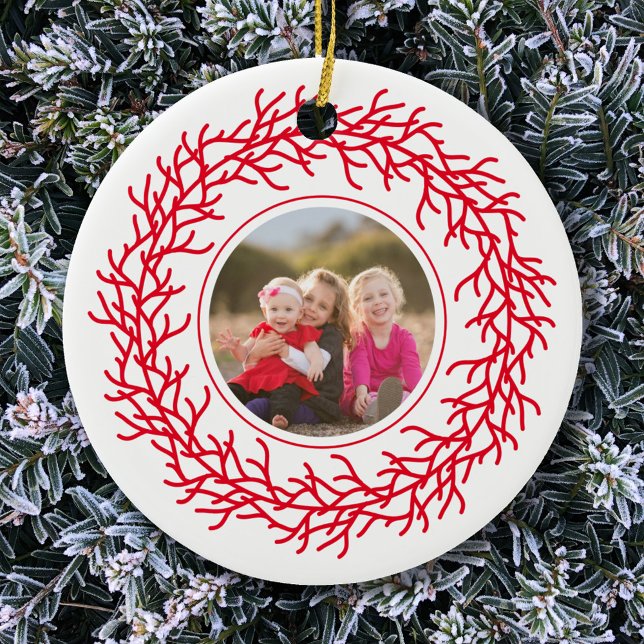 Red and White Wreath Photo Ceramic Ornament (Add your own photo to this modern Scandinavian red and white garland wreath Christmas ornament)