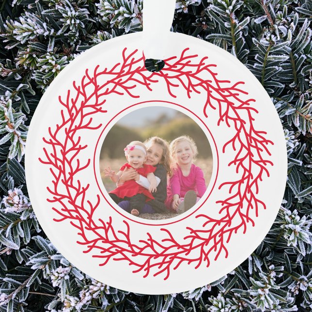 Red and White Wreath Photo Ornament (Your photo red and white Scandinavian wreath garland acrylic Christmas ornament)