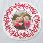 Red and White Wreath Photo Round Pillow<br><div class="desc">Add your own photo to this red and white modern Scandinavian festive wreath holiday design.  Makes a lovely family keepsake.  Photo credit: Photography © Storytree Studios,  Stanford,  CA</div>