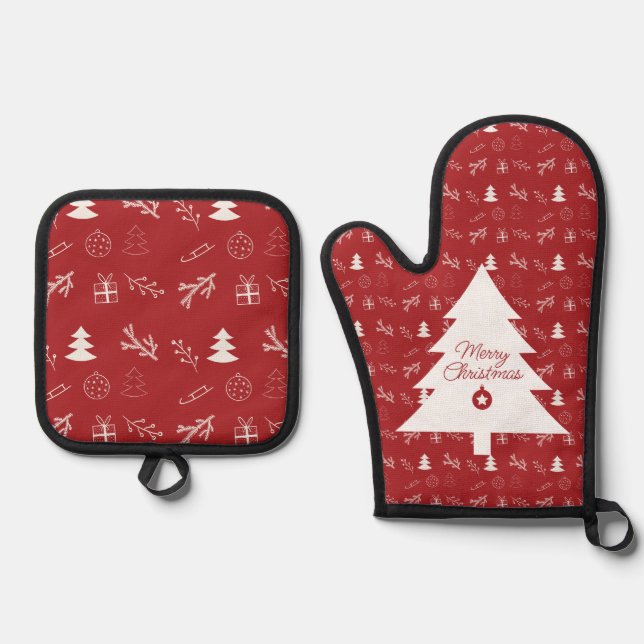Red and withe Christmas Oven Mitt and Pot Holders Oven Mitt & Pot Holder Set (Front)