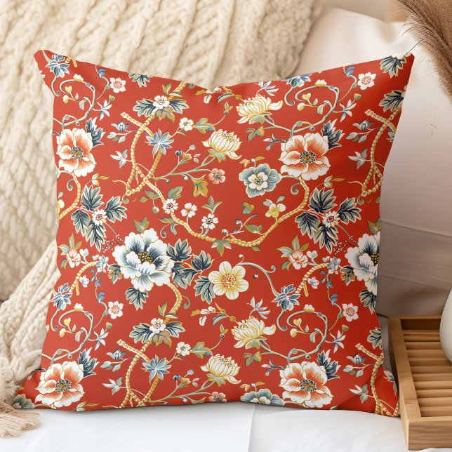Red and Yelllow Spring Flowers Chinoiserie Pattern Throw Pillow (Red and Yelllow Spring Flowers Chinoiserie Pattern Throw Pillow in a neutral boho bedroom.)