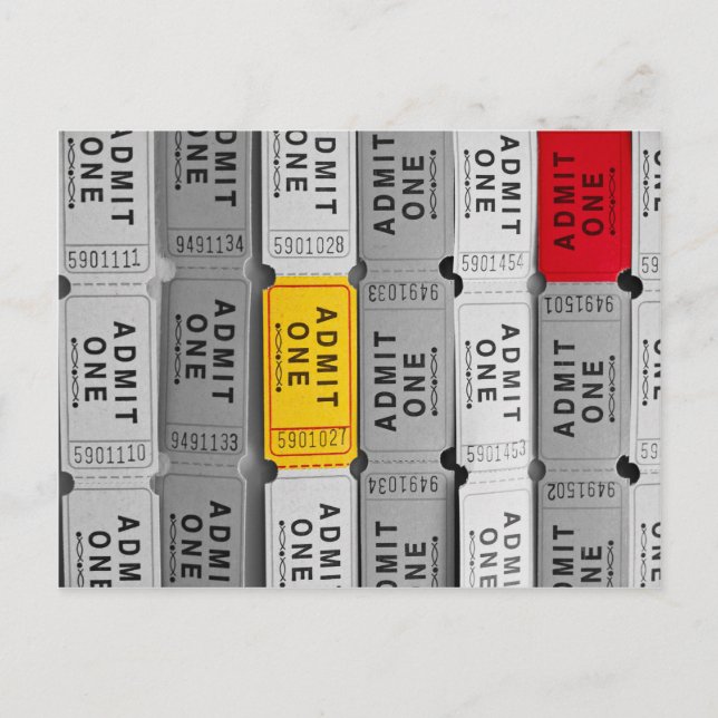 Red and Yellow Admit One Movie Ticket Postcard (Front)