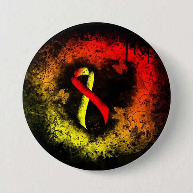 Red and Yellow Awareness Ribbon Grunge Heart 3 Inch Round Button (Front)