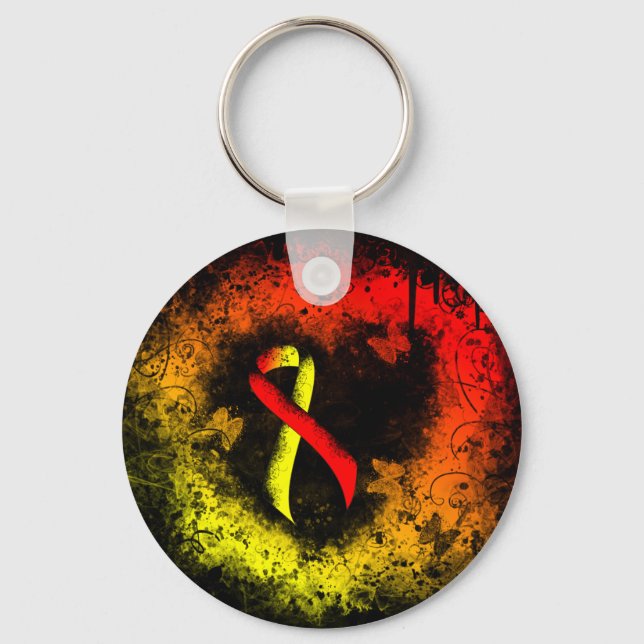 Red and Yellow Awareness Ribbon Grunge Heart Keychain (Front)