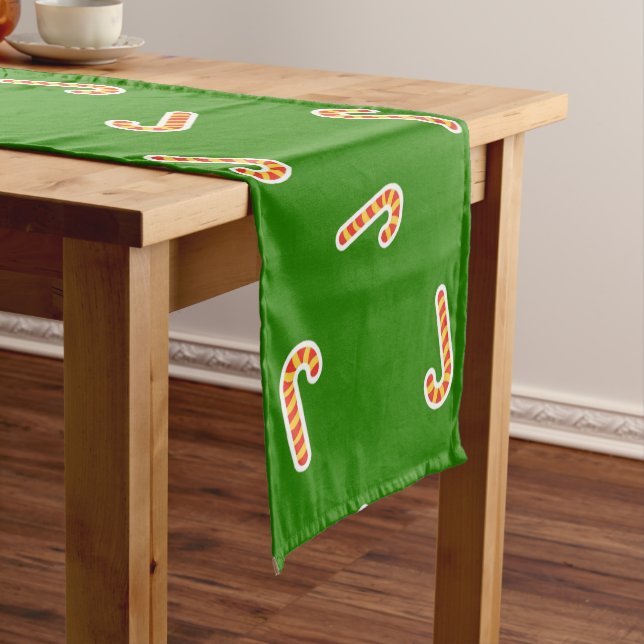 Red and yellow candy canes green short table runner (In Situ)