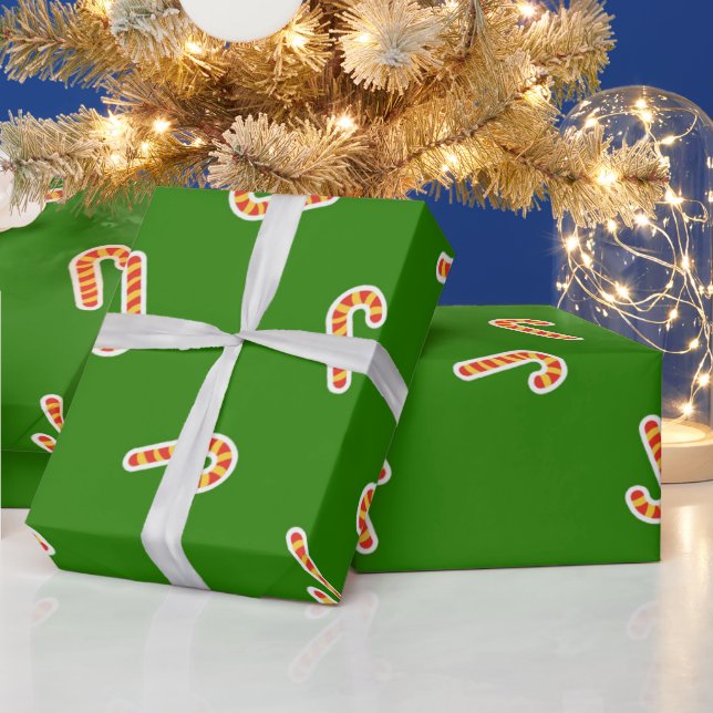 Red and yellow candy canes green wrapping paper (Holidays)
