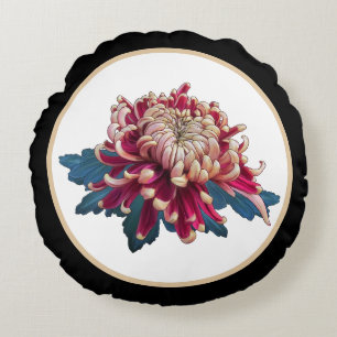 Red and yellow chrysanthemum illustration black round pillow