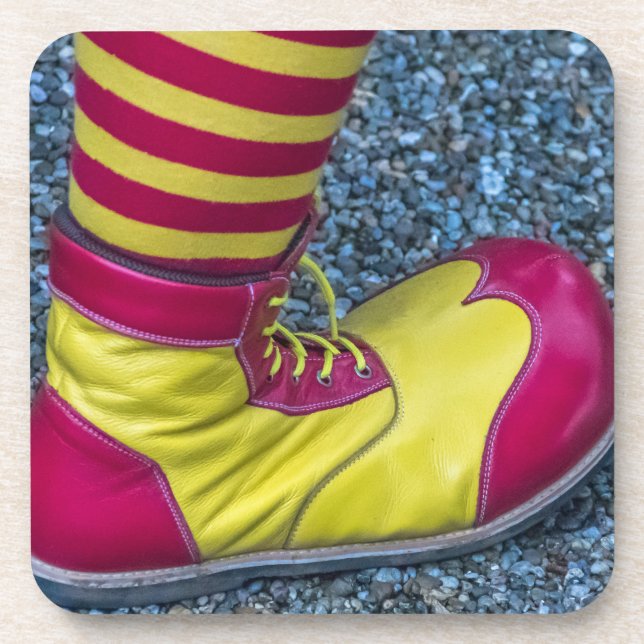 Red and yellow clown shoe hard plastic coasters (Front)