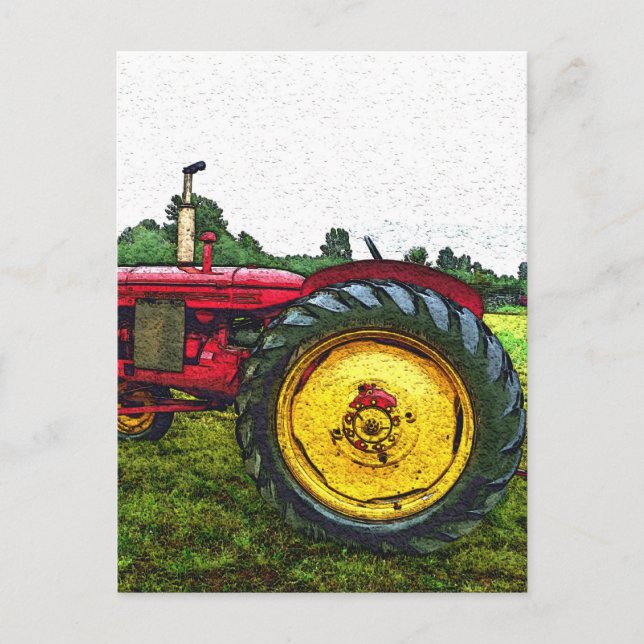 Red and Yellow Farm Tractor Postcard (Front)