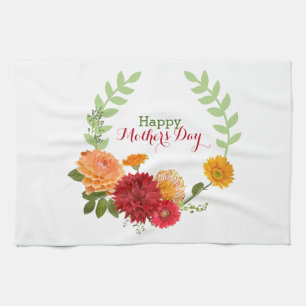 Red And Yellow Flowers In A Wreath Kitchen Towel