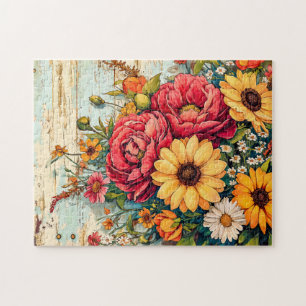 Red and Yellow Garden Flowers on Wood Jigsaw Puzzle