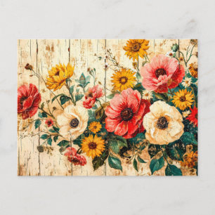 Red and Yellow Garden Flowers on Wood Postcard