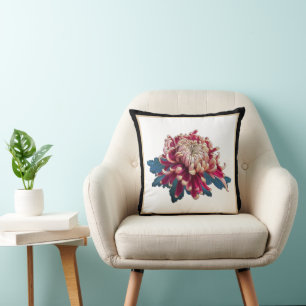 red and yellow Japanese chrysanthemum black Throw Pillow