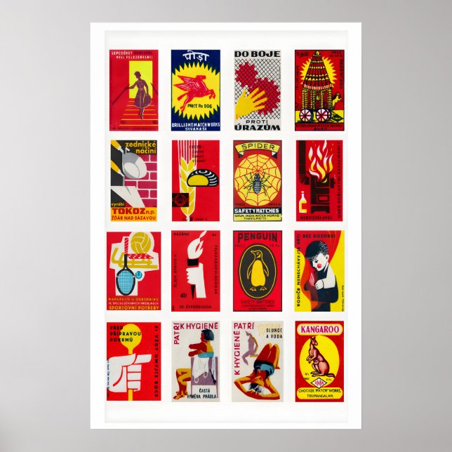 Red and Yellow Matchbox Label Collage, bold colour Poster (Front)