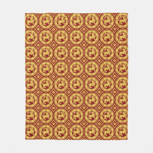 Red and Yellow Medieval Lions Fleece Blanket (Front)