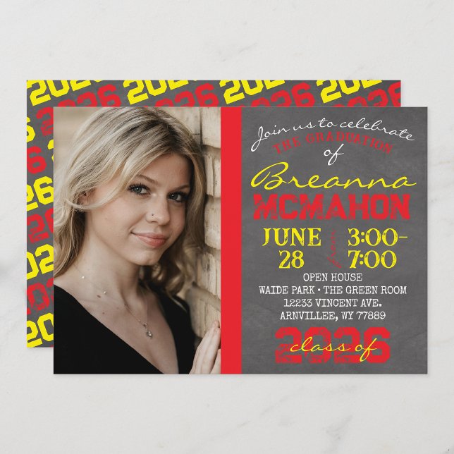 Red and Yellow Modern Chalkboard Graduation Invitation (Repeating Class Year Chalkboard Graduation Photo Invitations)