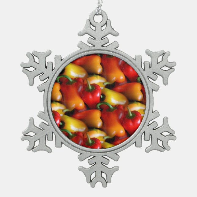 Red and Yellow Peppers Snowflake Pewter Christmas Ornament (Front)
