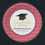Red and Yellow, Personalized Graduation Paper Plate<br><div class="desc">This graduation paper (disposable) plate features a graphic of a graduation hat (mortarboard) and customizable text for: Class of,  Graduates Name,  Name of School. This paper plate is accented with a white swirl pattern on a red background. The word "graduate" is yellow.</div>