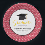 Red and Yellow, Personalized Graduation Paper Plate<br><div class="desc">This graduation paper (disposable) plate features a graphic of a graduation hat (mortarboard) and customizable text for: Class of,  Graduates Name,  Name of School. This paper plate is accented with a white swirl pattern on a red background. The word "graduate" is yellow.</div>