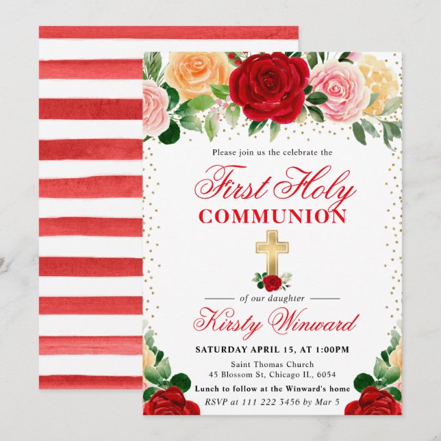 Red and Yellow Roses First Holy Communion Invitation (Front/Back)