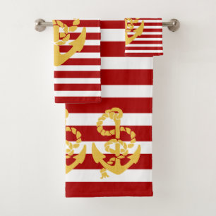 Red And Yellow Sailing Anchor Beach Themed Bath Towel Set