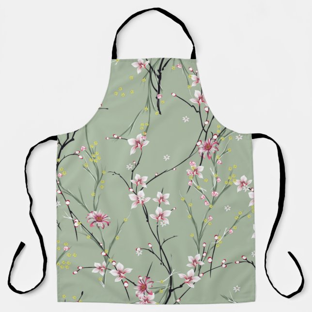red and yellow small flower pattern on green backg apron (Front)