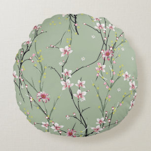 red and yellow small flower pattern on green backg round pillow