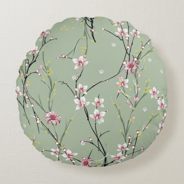 red and yellow small flower pattern on green backg round pillow (Front)