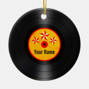 Red and Yellow Stars Personalized Vinyl Record Ceramic Ornament