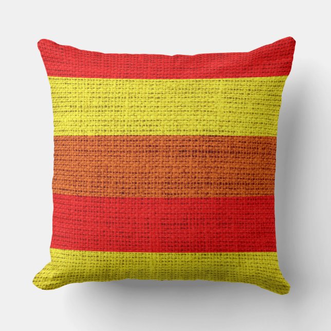 Red and Yellow Stripes Burlap Linen Rustic Jute Throw Pillow (Front)