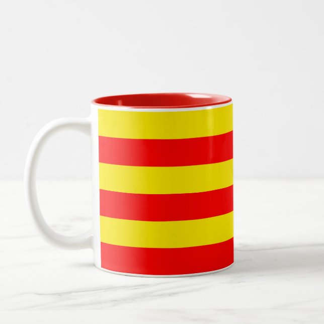 Red and Yellow Stripes Design Two-Tone Coffee Mug (Left)