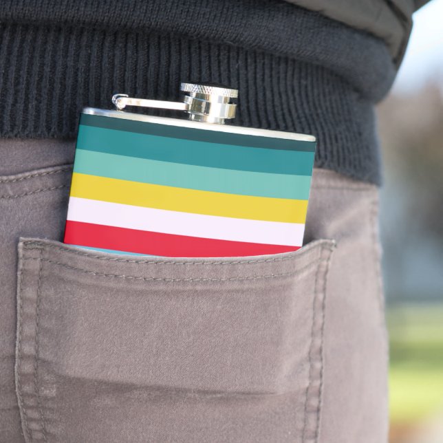 Red and Yellow Stripes in between Blue Shades Hip Flask (In Situ)