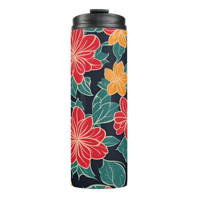 Red and Yellow Stylized Flowers Black Background Thermal Tumbler (Front)