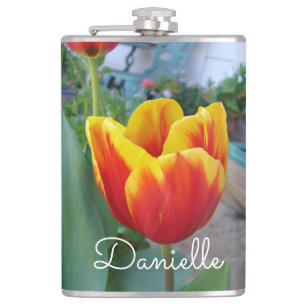 Red and Yellow Tulip floral Garden Photo Hip Flask